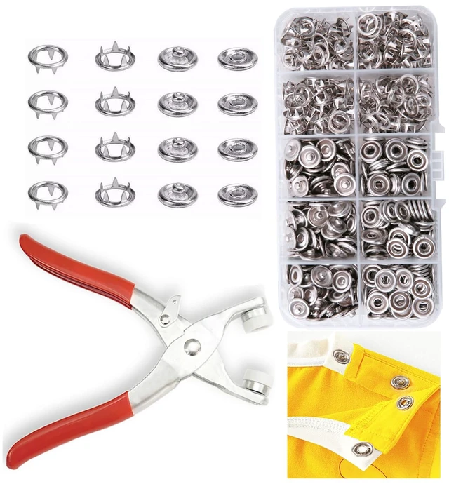 Main image of 9.5 mm Metal Snap Buttons with Snap Pliers, 100 Sets / 400 pcs | NoSew Silver Snap Button Kit with Fastener Pliers Press Tool for Fabric, Clothes, Bibs, Shirts, Crafts and DIY Projects