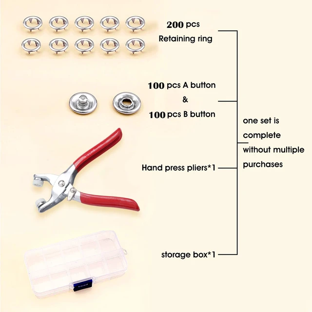Alt view image 3 of 7 - 9.5 mm Metal Snap Buttons with Snap Pliers, 100 Sets / 400 pcs | NoSew Silver Snap Button Kit with Fastener Pliers Press Tool for Fabric, Clothes, Bibs, Shirts, Crafts and DIY Projects