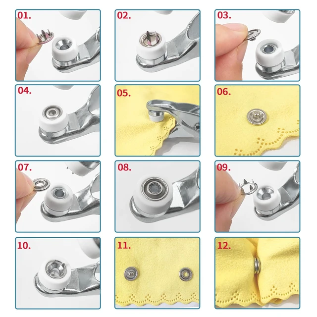 Alt view image 2 of 7 - 9.5 mm Metal Snap Buttons with Snap Pliers, 100 Sets / 400 pcs | NoSew Silver Snap Button Kit with Fastener Pliers Press Tool for Fabric, Clothes, Bibs, Shirts, Crafts and DIY Projects