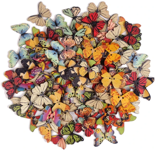 Main image of 100 PCS Butterfly Wooden Buttons,1 Inch Colorful 2 Holes Mixed Decorative Buttons for DIY Sewing&Wood Craft Clothes Accessories