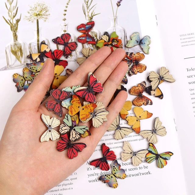 Alt view image 2 of 7 - 100 PCS Butterfly Wooden Buttons,1 Inch Colorful 2 Holes Mixed Decorative Buttons for DIY Sewing&Wood Craft Clothes Accessories