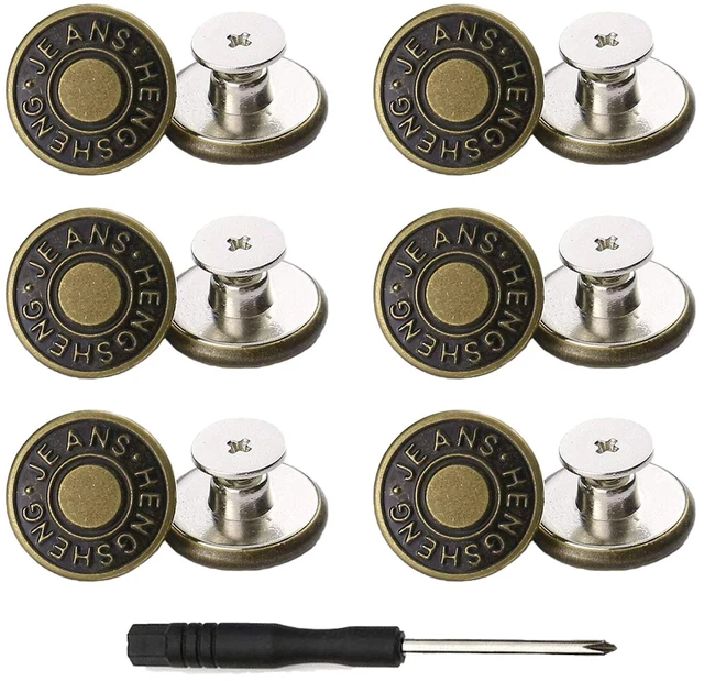 Main image of Buttons for Jeans,17 mm no-sew nailess Removable Metal Jeans Buttons Replacement Repair Combo Thread Rivets and Screwdrivers,12 Replacement Buttons, Simple Installation, Reusable.