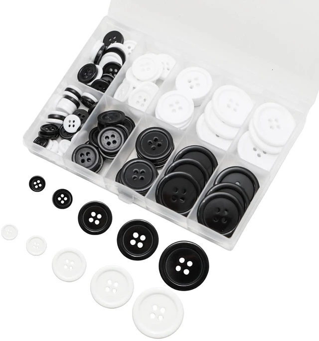 Main image of 100 pcs Buttons for Crafts Buttons, Button DIY Buttons, Mixed Sewing Buttons, 5 Sizes of Round Mixed Buttons Suitable for for Crafts, Coats, Shirts, Pants, Shorts and More(White & Black)