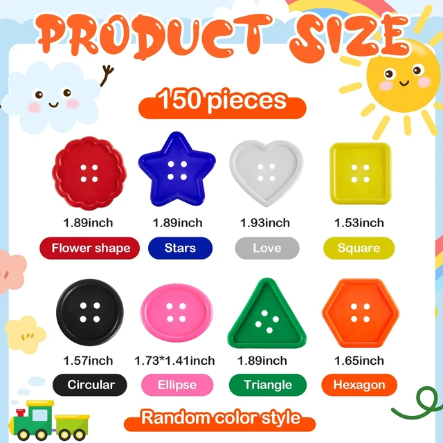 Alt view image 2 of 6 - 150 Pieces Big Bright Buttons 8 Colors 8 Shapes for Kids Crafts | Large Colorful Craft Buttons for Toddlers, Crochet Knitting Sewing, Sorting Activities, Classroom Art, Handmade Gifts