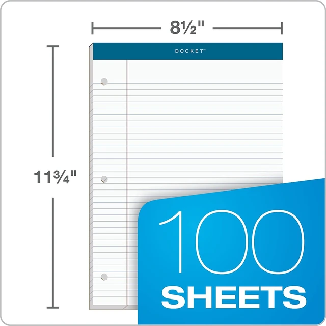 Alt view image 3 of 6 - Docket Writing Pad, 8-1/2" x 11-3/4", College Rule, White Paper, 3-Hole Punched, 100 Sheets (63384)