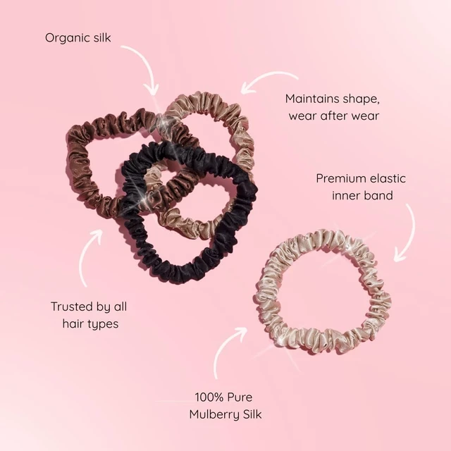 Alt view image 2 of 6 - x4 Set - Forget Satin - 100% Pure Mulberry Silk Black Brown Skinny Scrunchies Travel Pouch Everyday Hair Ties Elastics Hair Care Ponytail Holder No Damage (Chocolate)