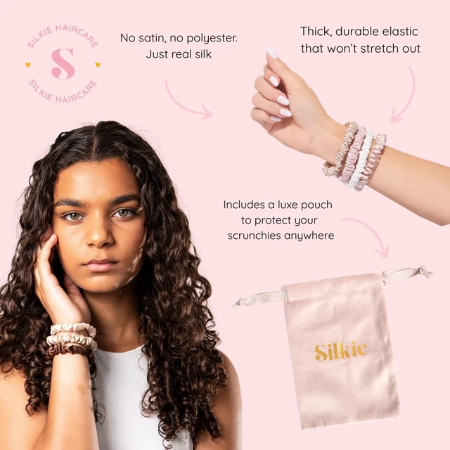 Alt view image 4 of 6 - x4 Set - Forget Satin - 100% Pure Mulberry Silk Black Brown Skinny Scrunchies Travel Pouch Everyday Hair Ties Elastics Hair Care Ponytail Holder No Damage (Chocolate)