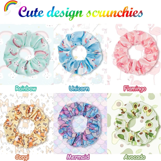 Alt view image 3 of 7 - 16 Pcs Girls Hair Scrunchies Kawaii Print Ties,Classic Style | Cute Cartoon Unicorn Rainbow Mermaid Designs, Soft Satin Ponytail Holders, Hair Accessories for Kids Women Daily Use