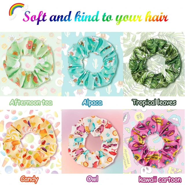 Alt view image 4 of 7 - 16 Pcs Girls Hair Scrunchies Kawaii Print Ties,Classic Style | Cute Cartoon Unicorn Rainbow Mermaid Designs, Soft Satin Ponytail Holders, Hair Accessories for Kids Women Daily Use