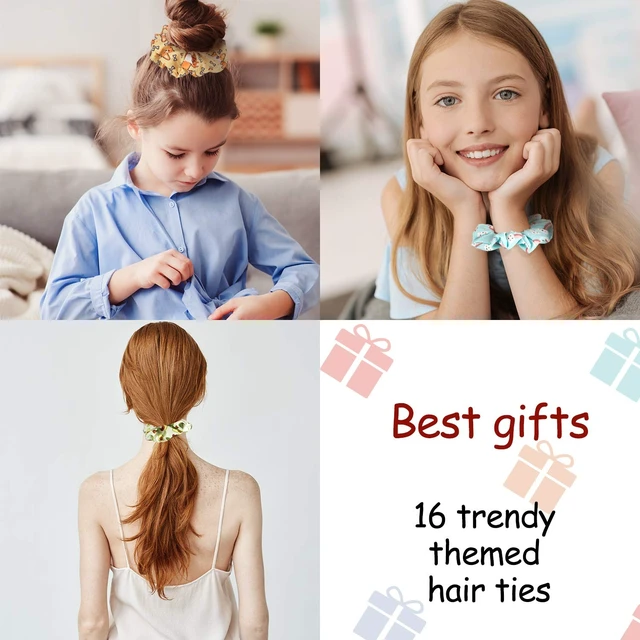 Alt view image 7 of 7 - 16 Pcs Girls Hair Scrunchies Kawaii Print Ties,Classic Style | Cute Cartoon Unicorn Rainbow Mermaid Designs, Soft Satin Ponytail Holders, Hair Accessories for Kids Women Daily Use