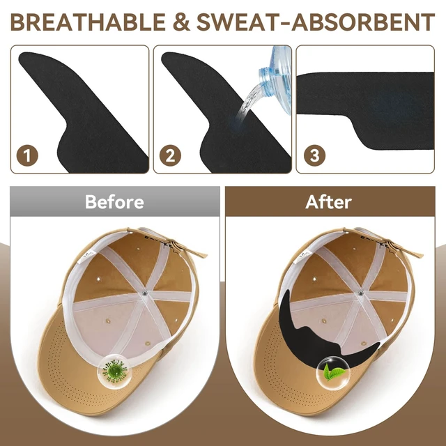 Alt view image 4 of 7 - Hat Sweat Liner for Baseball Caps Disposable Hat Sweat Protector Adhesive Hat Inserts Sweat Bands Hat Shield Pads Sweat Liner for Men Women Prevent Stains for Caps Visors for Sport/Work,Black 40pcs