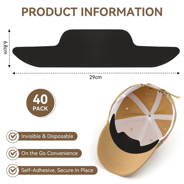 Alt view image 2 of 7 - Hat Sweat Liner for Baseball Caps Disposable Hat Sweat Protector Adhesive Hat Inserts Sweat Bands Hat Shield Pads Sweat Liner for Men Women Prevent Stains for Caps Visors for Sport/Work,Black 40pcs