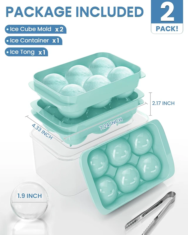 Alt view image 2 of 7 - Large Ice Cube Tray for Freezer - 2 Pack Stackable Round Ice Cube Molds Set, Easy to Fill & Release with Storage Bin and Tongs for Kitchen, Party, Cocktail & Coffee, Gifts for Whiskey Lover (1.93In)