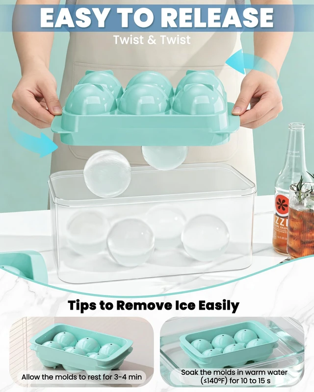 Alt view image 3 of 7 - Large Ice Cube Tray for Freezer - 2 Pack Stackable Round Ice Cube Molds Set, Easy to Fill & Release with Storage Bin and Tongs for Kitchen, Party, Cocktail & Coffee, Gifts for Whiskey Lover (1.93In)