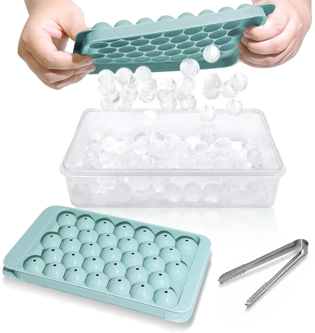 Main image of Ice Cube Tray with Lid and Bin, 1" Round Ice Trays for Freezer | 2 Blue Ice Cube Trays with Ice Box & Tong, 1" Round Ice Balls for Iced Coffee & Juice, Easy Twist Release, For Gatherings