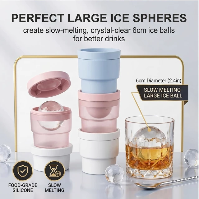 Alt view image 4 of 6 - 6 Pcs Ice Ball Maker Mold,Silicone Sphere Ice Mold Maker | Stackable Easy Release Circle Ice Cube Mold,2.4'' Ice Ball,For Whiskey Cocktails Juice Beverages Bourbon