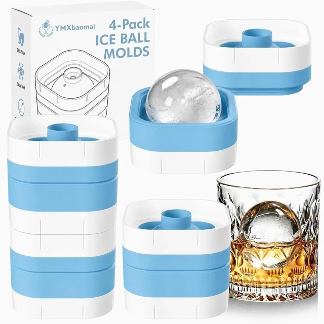 Main image of Ice Ball Maker Mold with Lid - 4 Pack, 2 Inch Round Freezer Tray,Blue | Stackable Ice Cube Trays for Whiskey, Cocktails & Bourbon - Non-BPA, Reusable Silicone, Easy Release Large Chilled Spheres