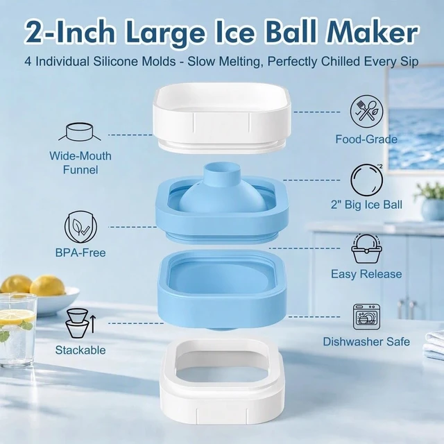 Alt view image 2 of 7 - Ice Ball Maker Mold with Lid - 4 Pack, 2 Inch Round Freezer Tray,Blue | Stackable Ice Cube Trays for Whiskey, Cocktails & Bourbon - Non-BPA, Reusable Silicone, Easy Release Large Chilled Spheres