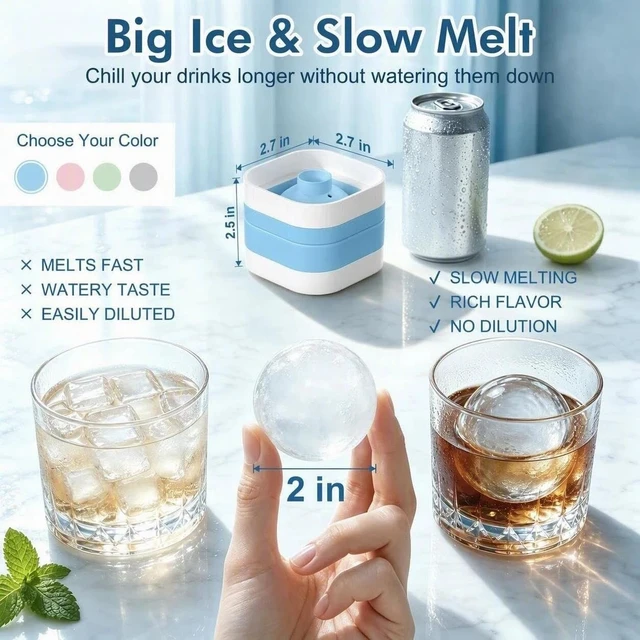 Alt view image 3 of 7 - Ice Ball Maker Mold with Lid - 4 Pack, 2 Inch Round Freezer Tray,Blue | Stackable Ice Cube Trays for Whiskey, Cocktails & Bourbon - Non-BPA, Reusable Silicone, Easy Release Large Chilled Spheres
