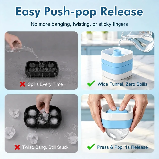 Alt view image 4 of 7 - Ice Ball Maker Mold with Lid - 4 Pack, 2 Inch Round Freezer Tray,Blue | Stackable Ice Cube Trays for Whiskey, Cocktails & Bourbon - Non-BPA, Reusable Silicone, Easy Release Large Chilled Spheres