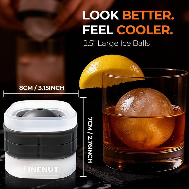 Alt view image 2 of 7 - Easy Release Ice Ball Maker Mold, 2 Pack, 2.5 Inch Large Round Ice Cube Mold for Whiskey & Cocktails, Stackable Lid, Leak-Resistant Silicone (Black-2 Pack)