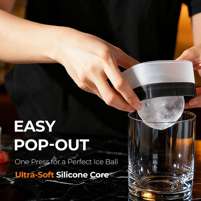 Alt view image 3 of 7 - Easy Release Ice Ball Maker Mold, 2 Pack, 2.5 Inch Large Round Ice Cube Mold for Whiskey & Cocktails, Stackable Lid, Leak-Resistant Silicone (Black-2 Pack)