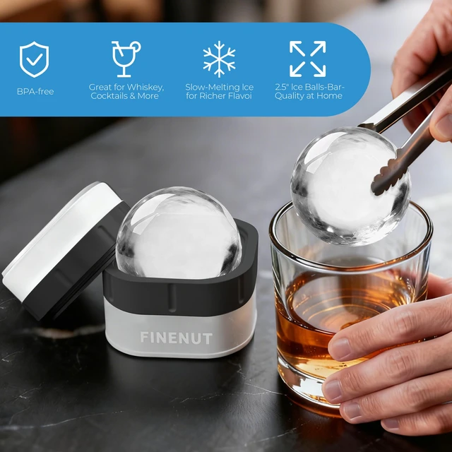 Alt view image 7 of 7 - Easy Release Ice Ball Maker Mold, 2 Pack, 2.5 Inch Large Round Ice Cube Mold for Whiskey & Cocktails, Stackable Lid, Leak-Resistant Silicone (Black-2 Pack)