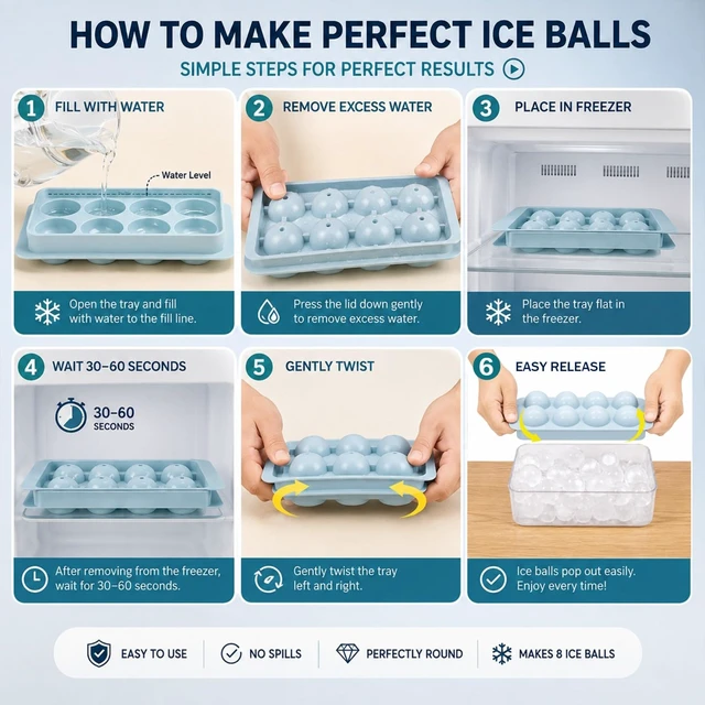 Alt view image 2 of 6 - 1.8in Large Ice Cube Molds - Big Round Plastic Ice Tray for Freezer | 3pack 8 Ball Trays with Storage, Scoop, Tong, 2 Straws - Easy to Fill and Twist Release for Whiskey, Bourbon, Cocktails
