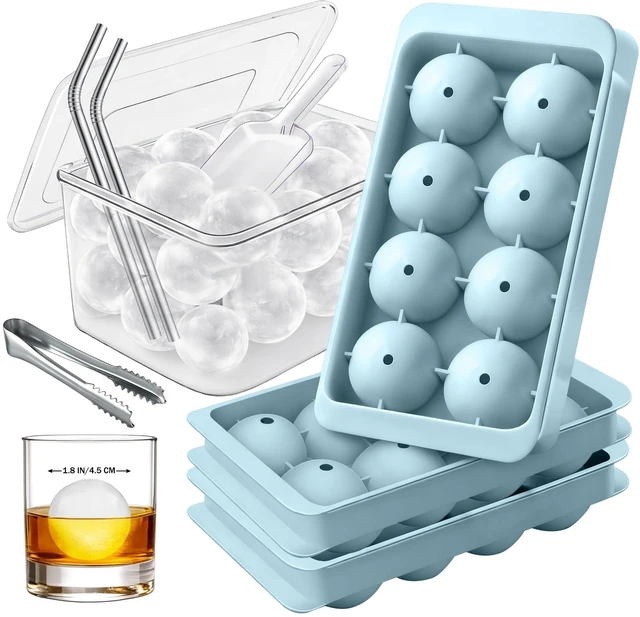 Main image of 1.8in Large Ice Cube Molds - Big Round Plastic Ice Tray for Freezer | 3pack 8 Ball Trays with Storage, Scoop, Tong, 2 Straws - Easy to Fill and Twist Release for Whiskey, Bourbon, Cocktails