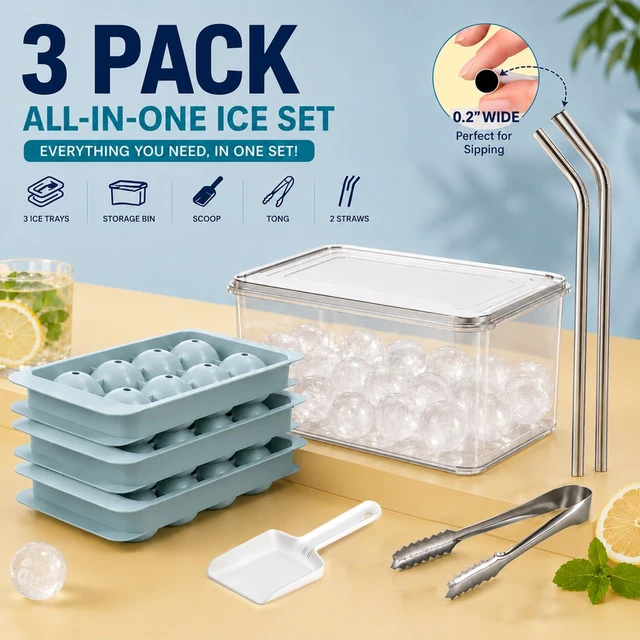 Alt view image 3 of 6 - 1.8in Large Ice Cube Molds - Big Round Plastic Ice Tray for Freezer | 3pack 8 Ball Trays with Storage, Scoop, Tong, 2 Straws - Easy to Fill and Twist Release for Whiskey, Bourbon, Cocktails