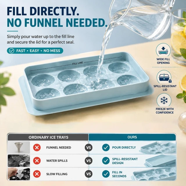 Alt view image 5 of 6 - 1.8in Large Ice Cube Molds - Big Round Plastic Ice Tray for Freezer | 3pack 8 Ball Trays with Storage, Scoop, Tong, 2 Straws - Easy to Fill and Twist Release for Whiskey, Bourbon, Cocktails