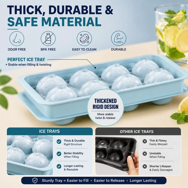 Alt view image 4 of 6 - 1.8in Large Ice Cube Molds - Big Round Plastic Ice Tray for Freezer | 3pack 8 Ball Trays with Storage, Scoop, Tong, 2 Straws - Easy to Fill and Twist Release for Whiskey, Bourbon, Cocktails