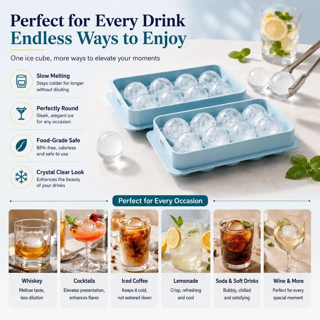 Alt view image 6 of 6 - 1.8in Large Ice Cube Molds - Big Round Plastic Ice Tray for Freezer | 3pack 8 Ball Trays with Storage, Scoop, Tong, 2 Straws - Easy to Fill and Twist Release for Whiskey, Bourbon, Cocktails