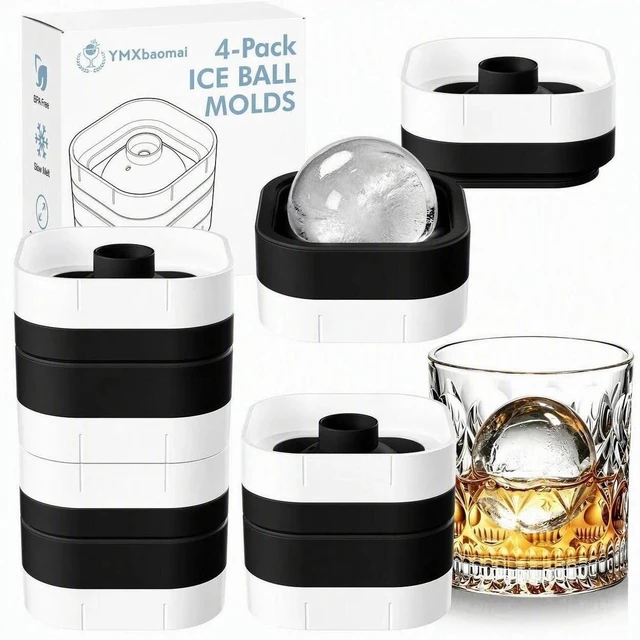 Main image of Ice Ball Maker Mold with Lid - 4 Pack, 2 Inch Round Freezer Tray, Black | Stackable Ice Cube Trays for Whiskey, Cocktails & Bourbon - Non-BPA, Reusable Silicone, Easy Release Large Chilled Spheres