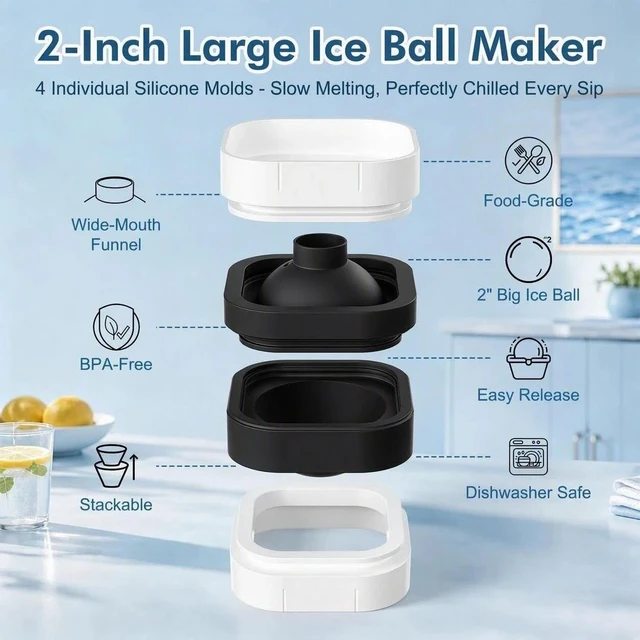 Alt view image 2 of 7 - Ice Ball Maker Mold with Lid - 4 Pack, 2 Inch Round Freezer Tray, Black | Stackable Ice Cube Trays for Whiskey, Cocktails & Bourbon - Non-BPA, Reusable Silicone, Easy Release Large Chilled Spheres