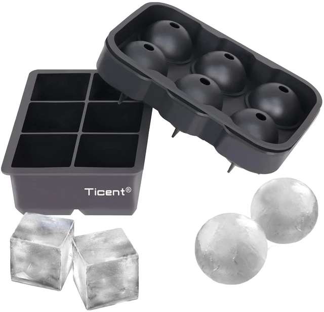 Main image of Ice Cube Trays (Set of 2), Silicone Sphere Whiskey Ice Ball Maker with Lids & Large Square Ice Cube Molds for Cocktails & Bourbon - Reusable & BPA Free