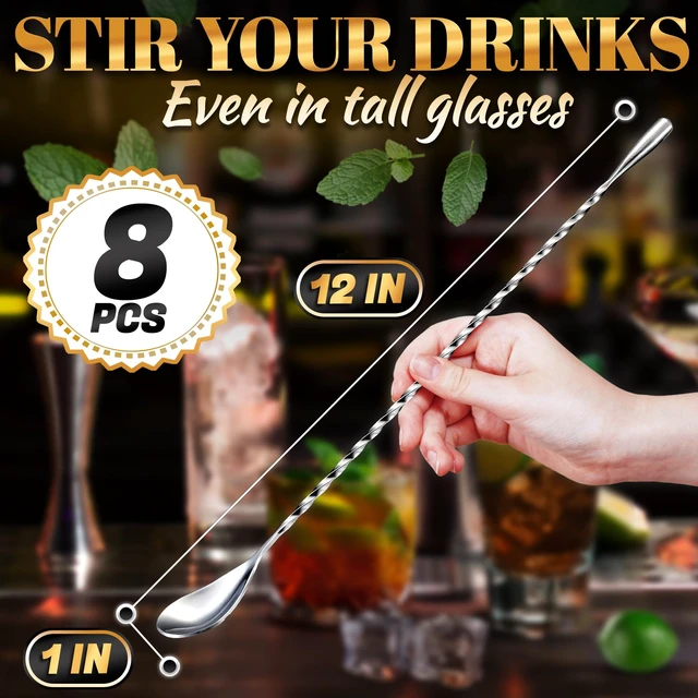 Alt view image 2 of 7 - 8 Pcs Bar Spoons Set, 12" Long, Twisted Spiral, 304 Stainless Steel | Bar Mixing Spoon Set; Dishwasher Safe, Polished; Sugar Spoon for Cocktails, Coffee, Milkshakes, Smoothies, and Coffee Shop