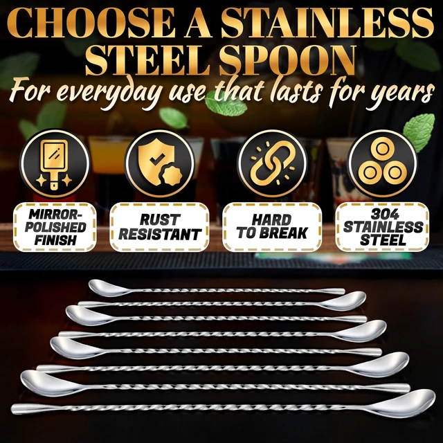 Alt view image 3 of 7 - 8 Pcs Bar Spoons Set, 12" Long, Twisted Spiral, 304 Stainless Steel | Bar Mixing Spoon Set; Dishwasher Safe, Polished; Sugar Spoon for Cocktails, Coffee, Milkshakes, Smoothies, and Coffee Shop