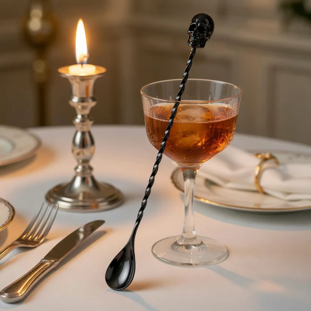 Alt view image 2 of 7 - 12'' Gothic Skull Bar Spoon, Cocktail Mixing Spoon for Bartending | 304 Stainless Steel Cocktail Spoon for Stirring, Long Spiral Handle Spoon Stirrers for Drink, Halloween Party, Home Bar Use
