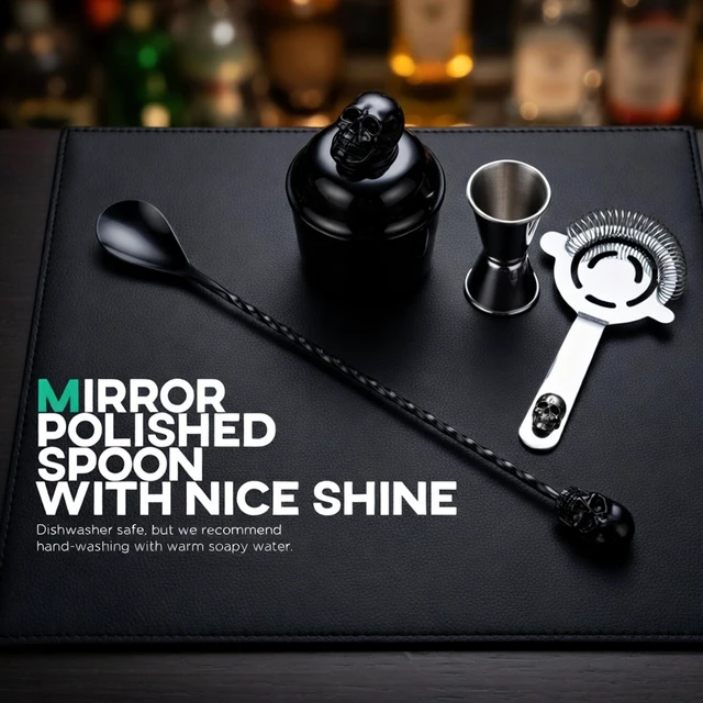 Alt view image 4 of 7 - 12'' Gothic Skull Bar Spoon, Cocktail Mixing Spoon for Bartending | 304 Stainless Steel Cocktail Spoon for Stirring, Long Spiral Handle Spoon Stirrers for Drink, Halloween Party, Home Bar Use