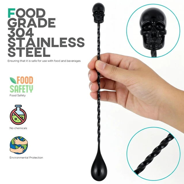 Alt view image 5 of 7 - 12'' Gothic Skull Bar Spoon, Cocktail Mixing Spoon for Bartending | 304 Stainless Steel Cocktail Spoon for Stirring, Long Spiral Handle Spoon Stirrers for Drink, Halloween Party, Home Bar Use