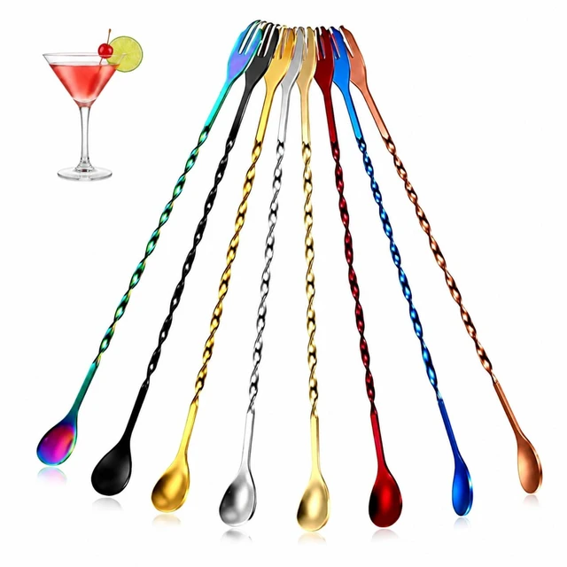 Main image of 8 Pcs 10 Inch Long Bar Spoon, Cocktail Mixing Stirrers, Multicoloured | Dirty Soda Bar Supplies, Mixing Spoons for Drinks, Stainless Steel, Spiral Pattern, Cocktail Spoon, Gift for Bartender Home