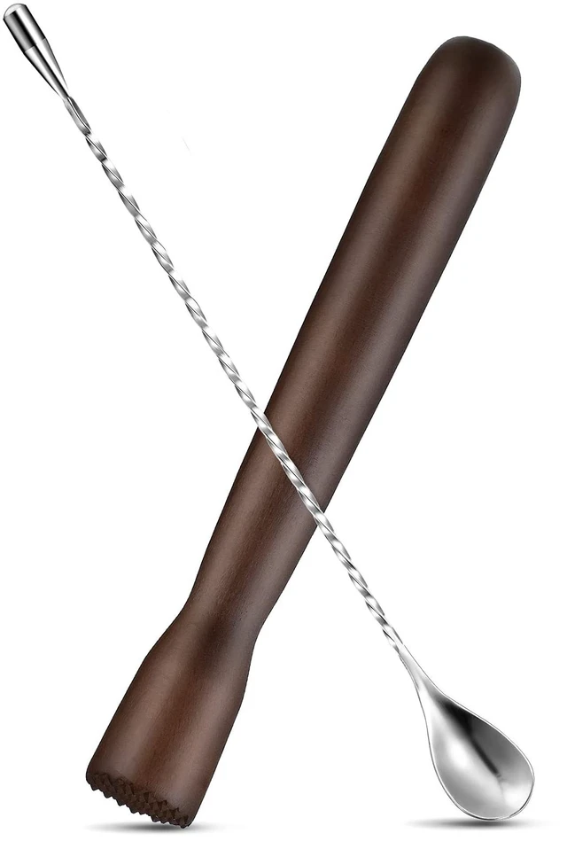 Main image of Wooden Cocktail Muddler and Stainless Steel Bar Spoon, Brown | 12 Inch Spiral Mixing Spoon, Wooden Muddler for Crushing Mint and Sugar, Ideal for Making Mojitos, Lemonade, Cocktails