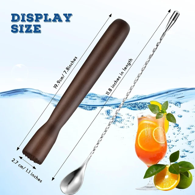 Alt view image 2 of 7 - Wooden Cocktail Muddler and Stainless Steel Bar Spoon, Brown | 12 Inch Spiral Mixing Spoon, Wooden Muddler for Crushing Mint and Sugar, Ideal for Making Mojitos, Lemonade, Cocktails