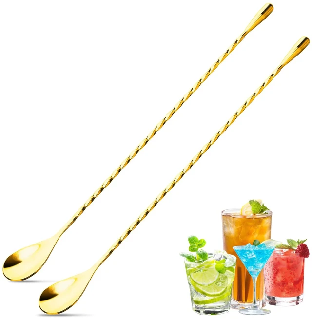 Main image of 2 Pcs 12 Inches Bar Spoon, Long Handle Mixing Stirrers for Drink, Stainless Steel Bar Cocktail Shaker Spoon (Gold)