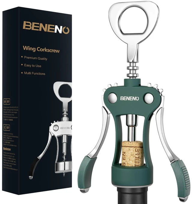 Main image of Wine Opener, Premium Wing Corkscrew Wine Bottle Opener, Dark Green | Durable Solid Zinc Alloy Body, Precise Sharp-Edged Screw, Ergonomic Non-Slip Grip Wing Handle, Multifunctional Bottle Openers