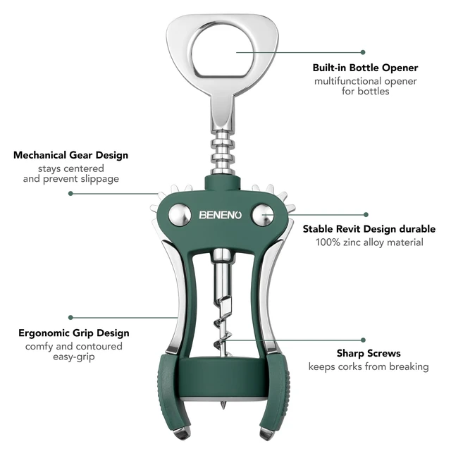 Alt view image 2 of 6 - Wine Opener, Premium Wing Corkscrew Wine Bottle Opener, Dark Green | Durable Solid Zinc Alloy Body, Precise Sharp-Edged Screw, Ergonomic Non-Slip Grip Wing Handle, Multifunctional Bottle Openers