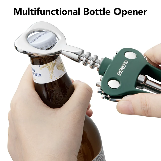 Alt view image 3 of 6 - Wine Opener, Premium Wing Corkscrew Wine Bottle Opener, Dark Green | Durable Solid Zinc Alloy Body, Precise Sharp-Edged Screw, Ergonomic Non-Slip Grip Wing Handle, Multifunctional Bottle Openers