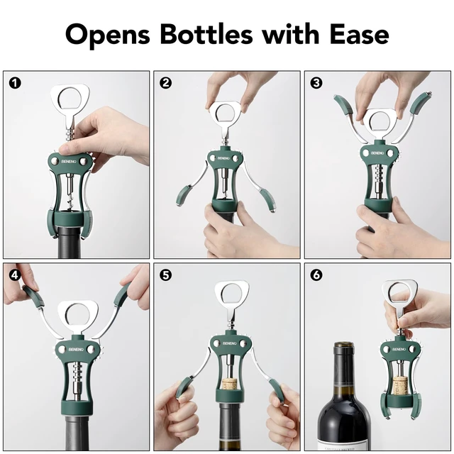 Alt view image 5 of 6 - Wine Opener, Premium Wing Corkscrew Wine Bottle Opener, Dark Green | Durable Solid Zinc Alloy Body, Precise Sharp-Edged Screw, Ergonomic Non-Slip Grip Wing Handle, Multifunctional Bottle Openers
