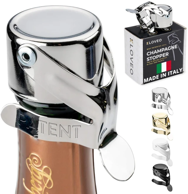 Main image of Champagne Stoppers - WAF Patented Seal - Made in Italy | Fits 750ml Bottles, No Pressure Pump Needed, Keeps Bubbles Fresh 3-5 Days, BPA Free, Easy-Lock Stainless Steel Clip